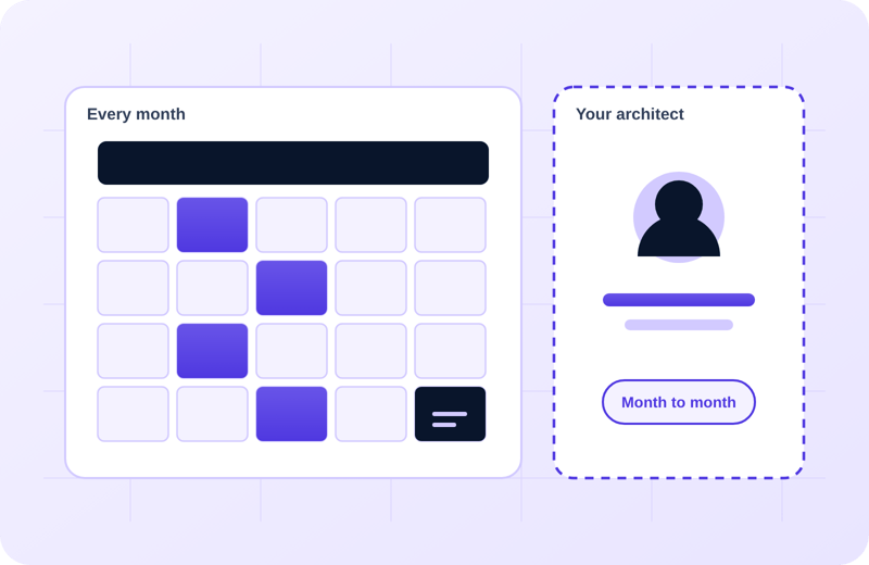 Monthly calendar of check-ins beside a named architect Monthly calendar of check-ins beside a named architect